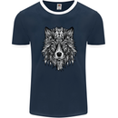 Mandala Tribal Wolf Tattoo Mens Ringer T-Shirt FotL Navy Blue/White