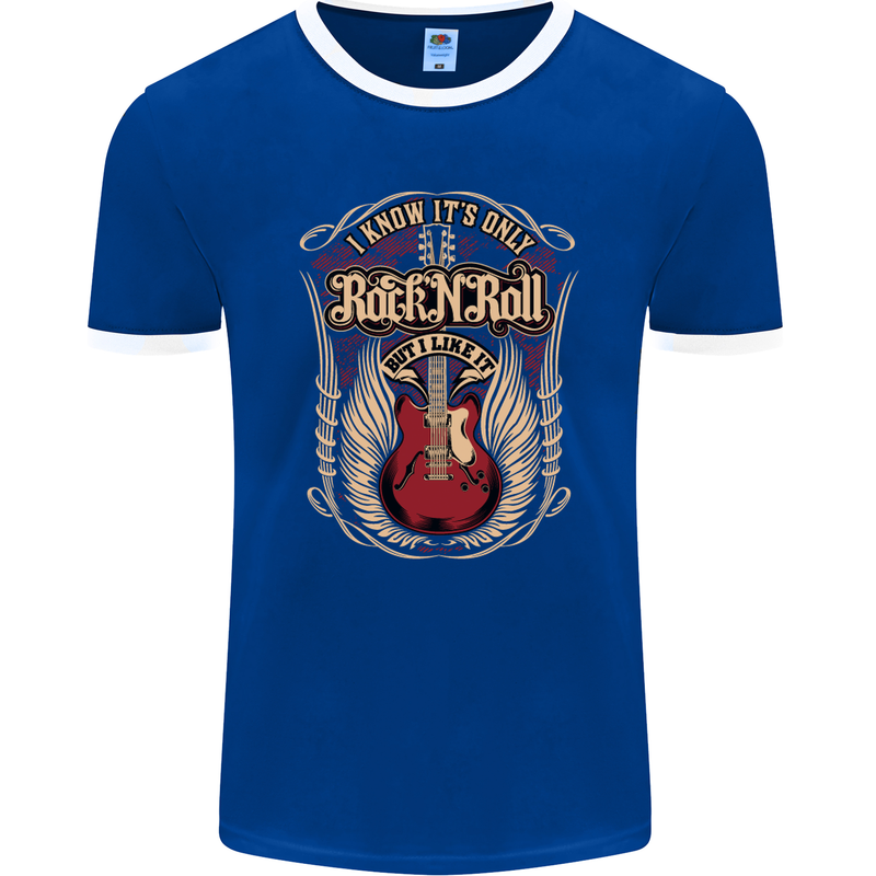 I Know It’s Only Rock ’n’ Roll Music Guitar Mens Ringer T-Shirt FotL Royal Blue/White