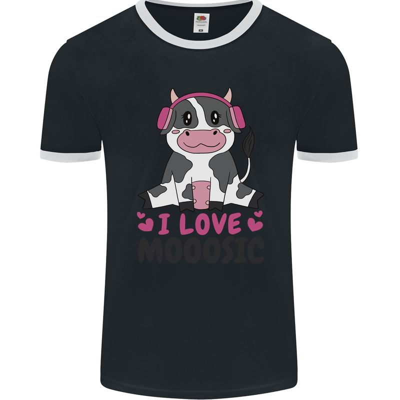 I Love Mooosic Funny Cow DJ Mens Ringer T-Shirt FotL Black/White