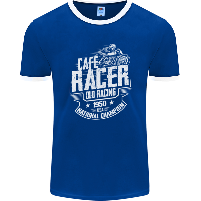 Cafe Racer Old Racing Biker Motorcycle Mens Ringer T-Shirt FotL Royal Blue/White