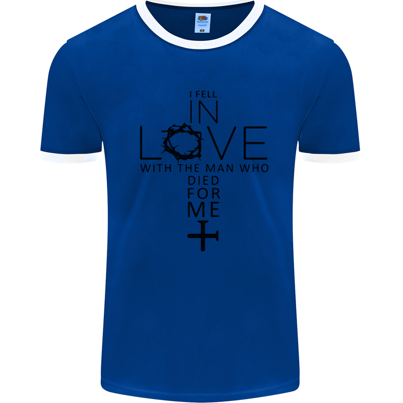 In Love With the Cross Christian Christ Mens White Ringer T-Shirt Royal Blue/White