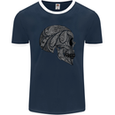 Mandala Skull Gothic Biker Motorbike Mens Ringer T-Shirt FotL Navy Blue/White