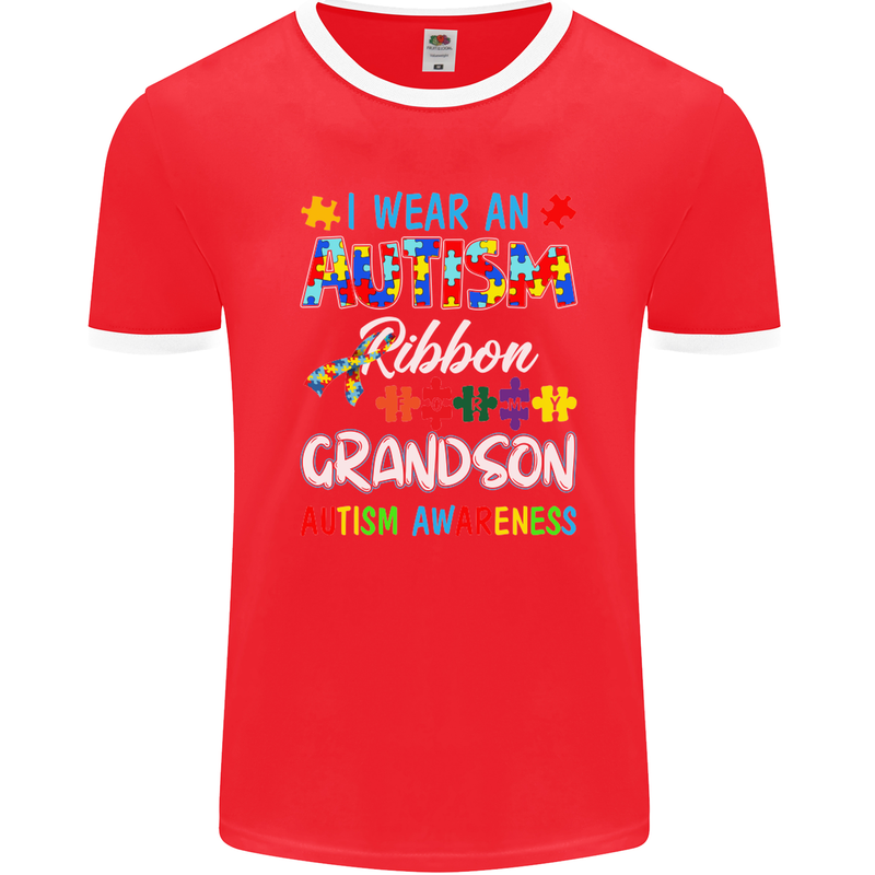 Autism Ribbon For My Grandson Autistic ASD Mens Ringer T-Shirt FotL Red/White