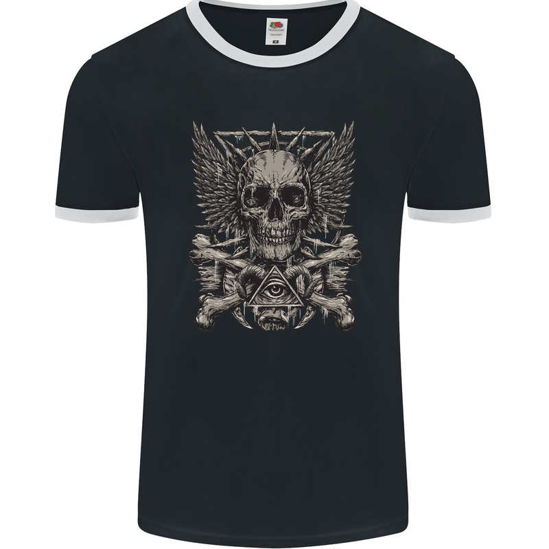 Heavy Metal Skull Rock Music Guitar Biker Mens Ringer T-Shirt FotL Black/White