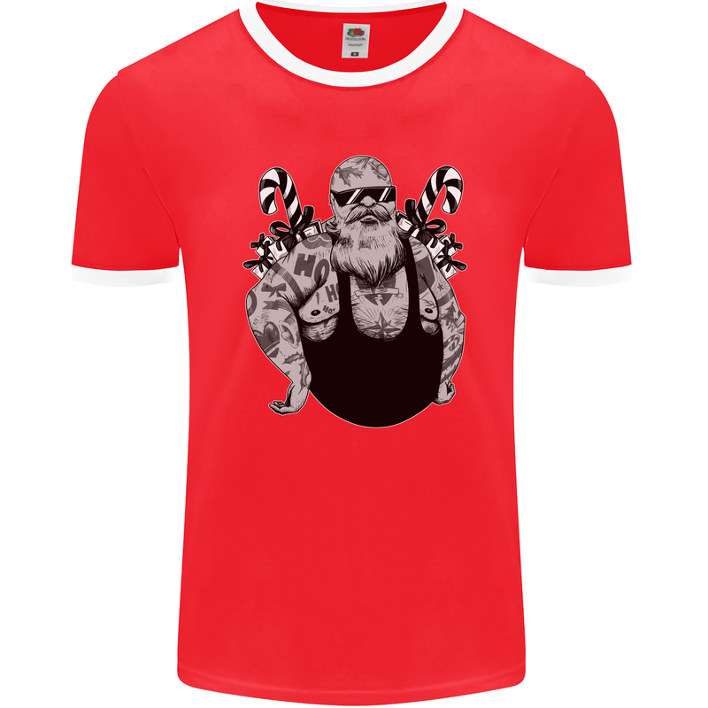 Tattoo Santa Funny Christmas Biker Motorbike Mens Ringer T-Shirt FotL Red/White