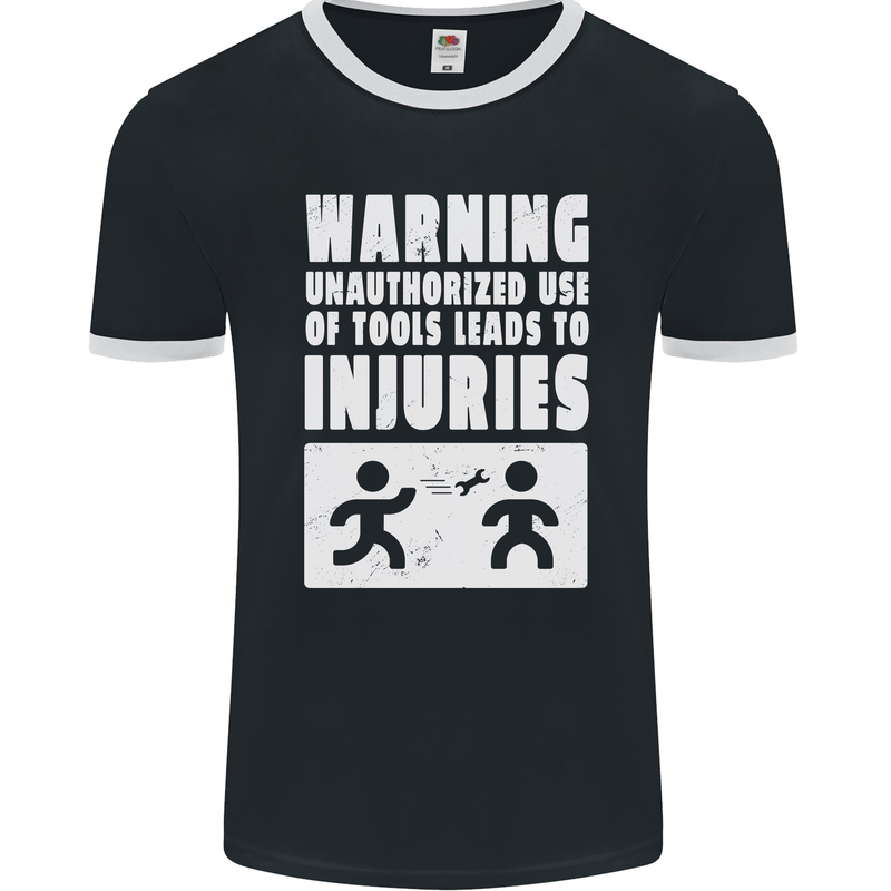 Warning Tools Builder Plumber Electrician Mens Ringer T-Shirt FotL Black/White