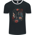 Fantasy Geisha Girl With Dragon & Roses Mens Ringer T-Shirt FotL Black/White