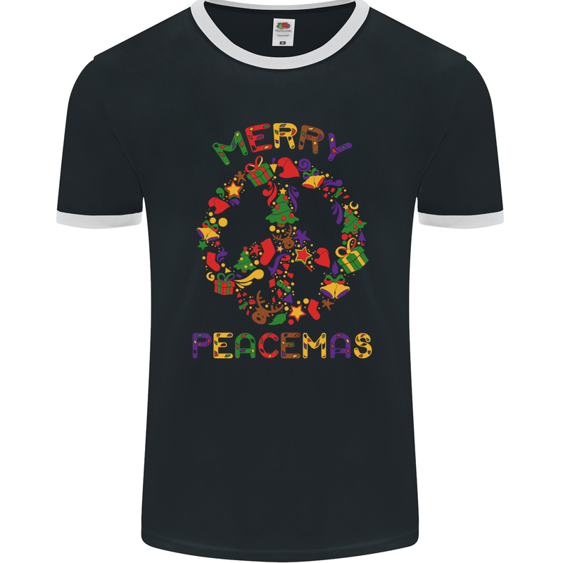 Merry Peacemas Christmas Peace Wreath Mens Ringer T-Shirt FotL Black/White