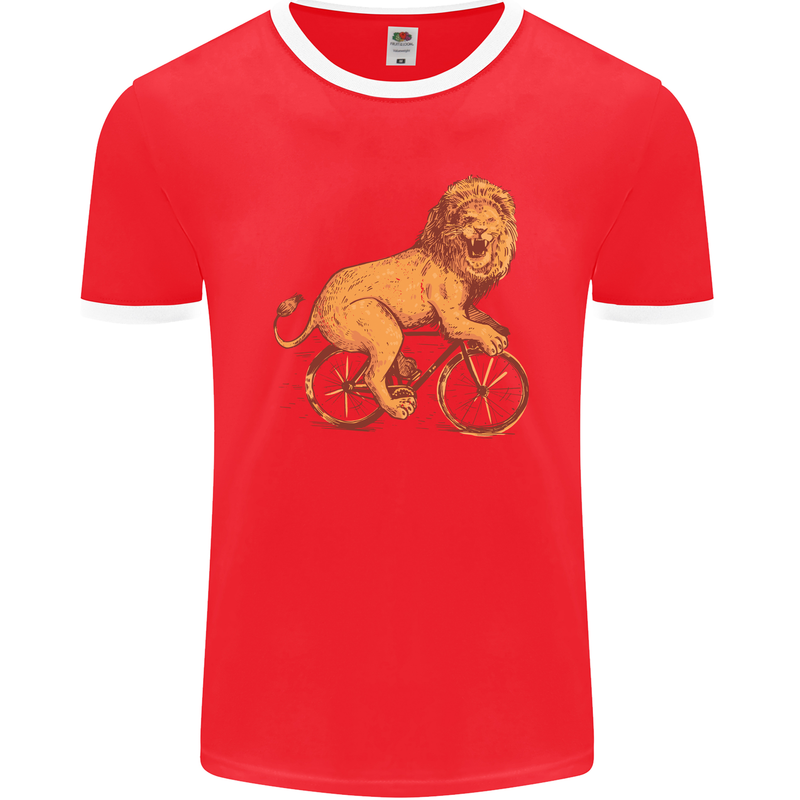 Cycling A Lion Riding a Bicycle Mens Ringer T-Shirt FotL Red/White