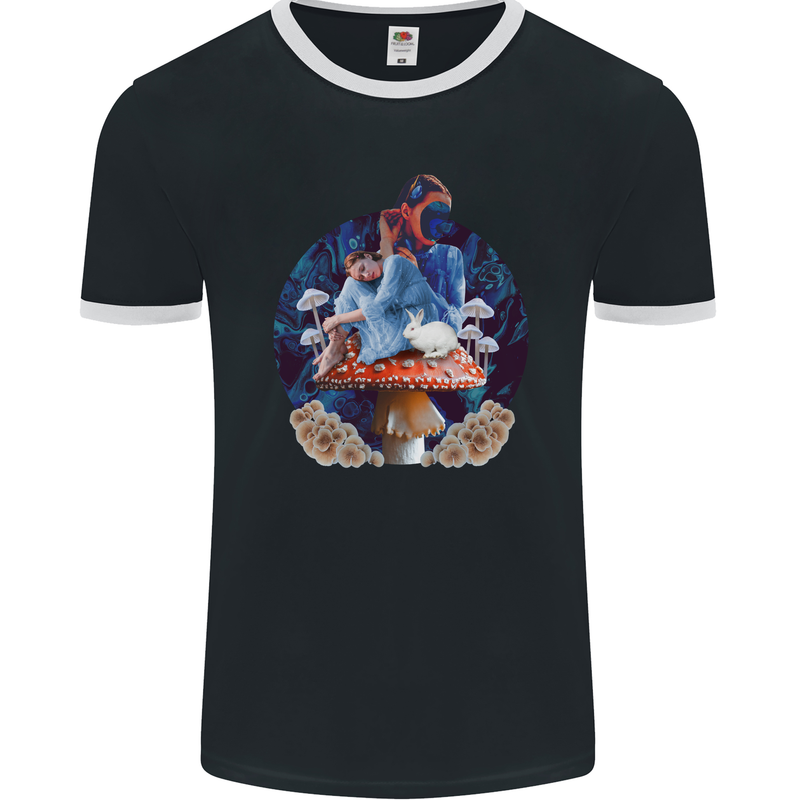 Trippy Alice Magic Mushrooms LSD Mens Ringer T-Shirt FotL Black/White