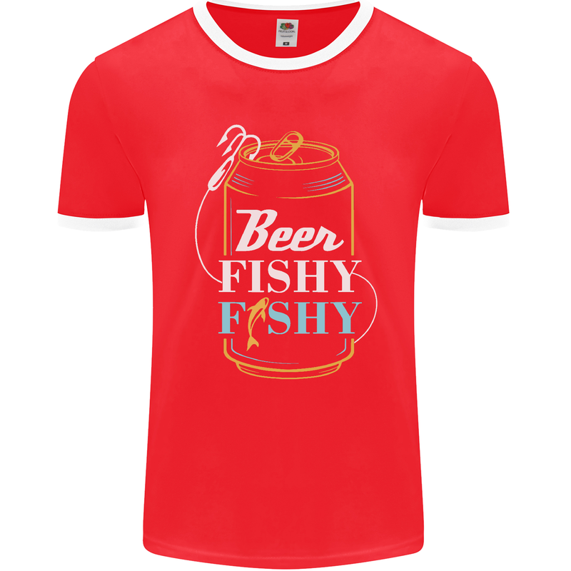 Fishing Beer Here Fishy Fisherman Funny Mens Ringer T-Shirt FotL Red/White