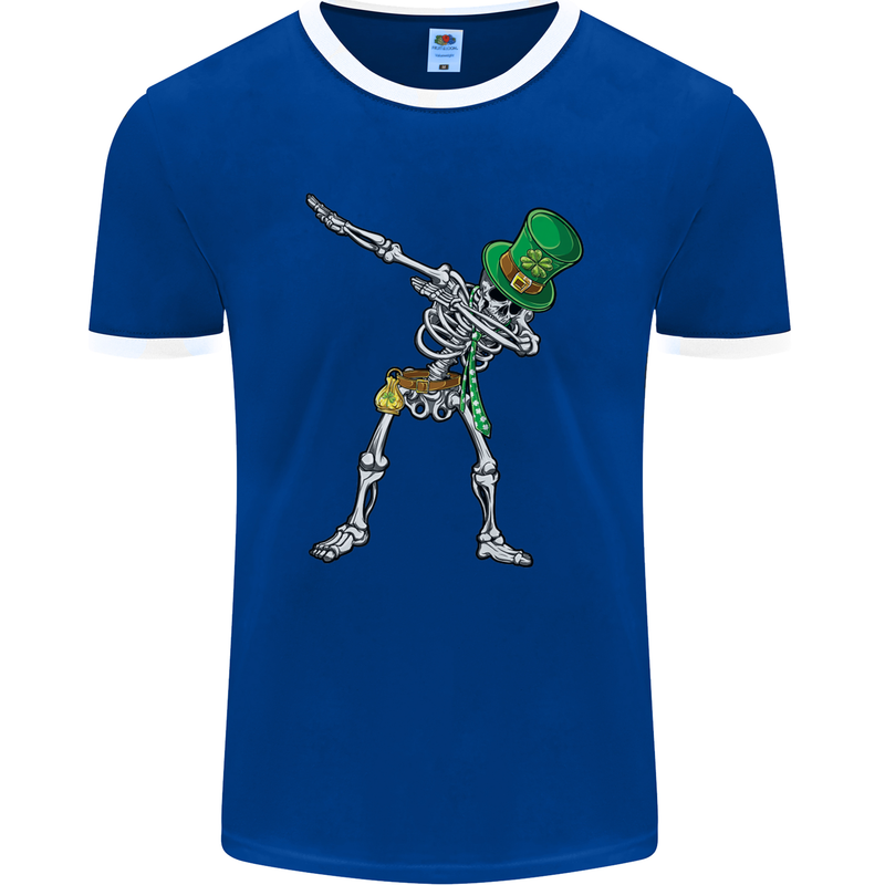 St Patricks Day Dabbing Skeleton Skull Mens Ringer T-Shirt FotL Royal Blue/White