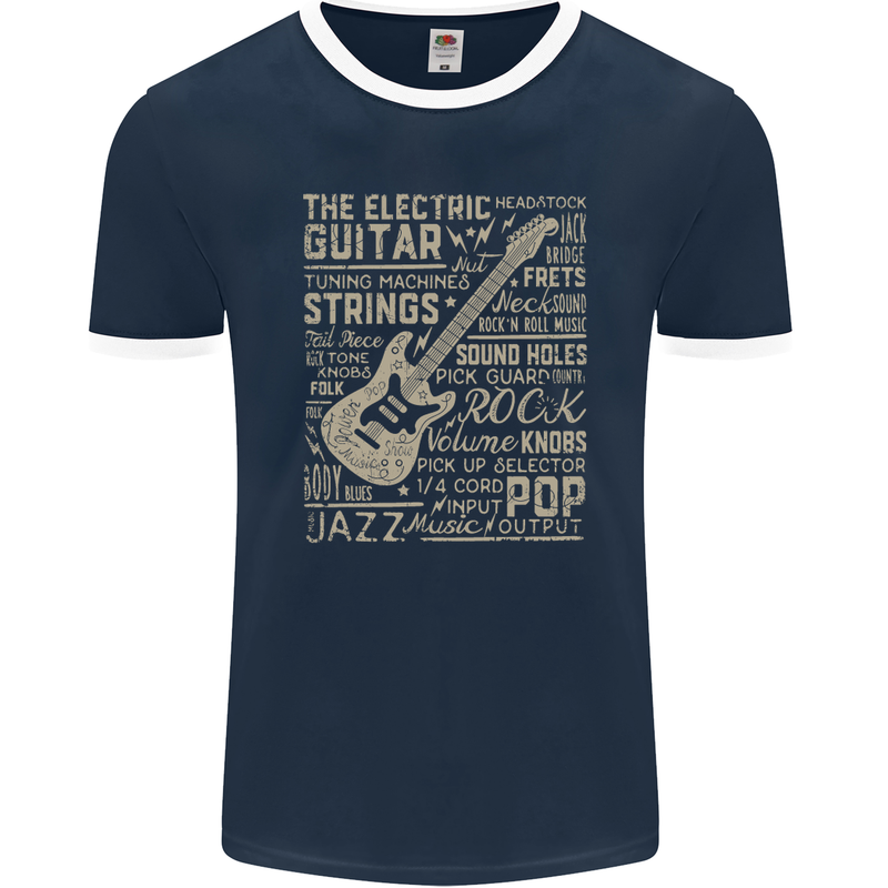 Guitar Word Art Guitarist Electric Acoustic Mens Ringer T-Shirt FotL Navy Blue/White