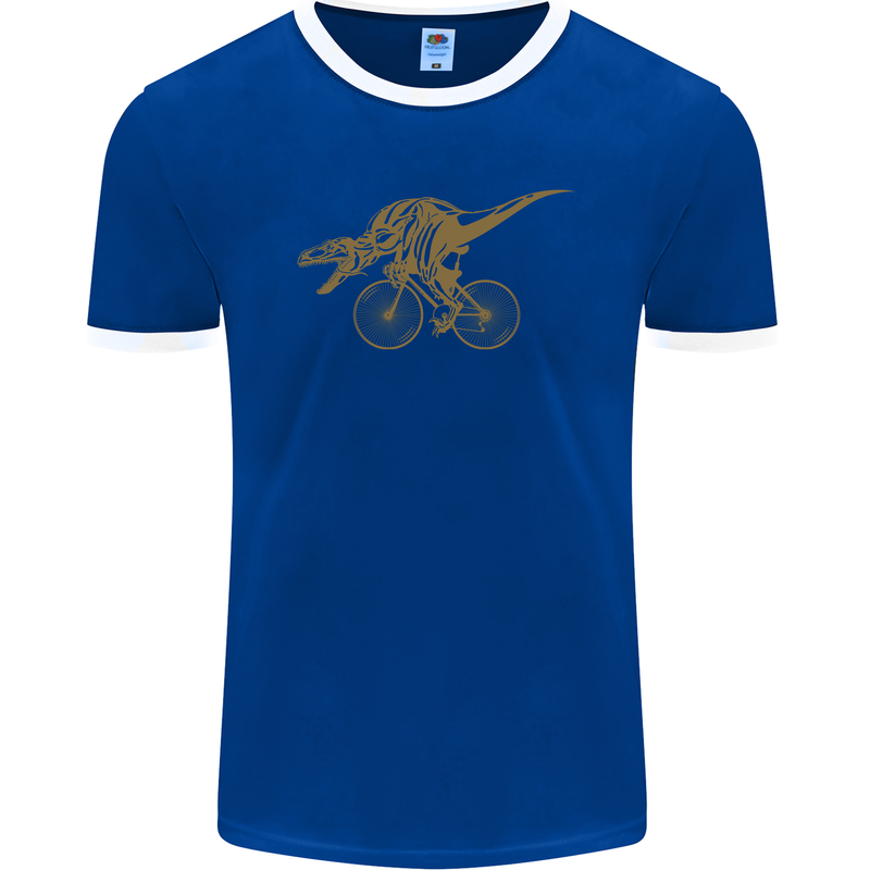 T-Rex Dinosaure Riding a Bicycle Cycling Mens Ringer T-Shirt FotL Royal Blue/White