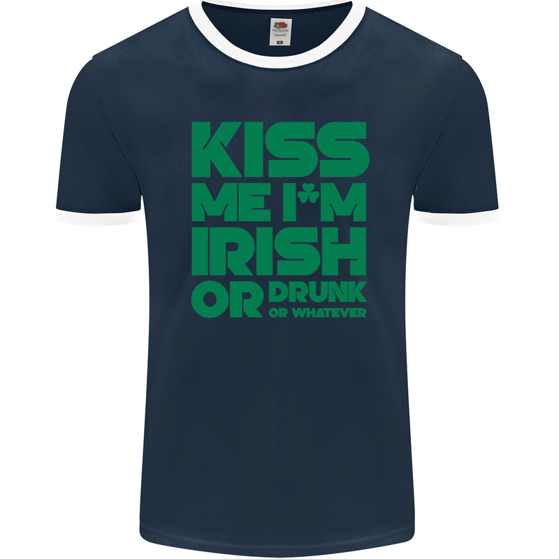 Kiss Me I'm Irish or Drunk St Patricks Day Mens Ringer T-Shirt FotL Navy Blue/White