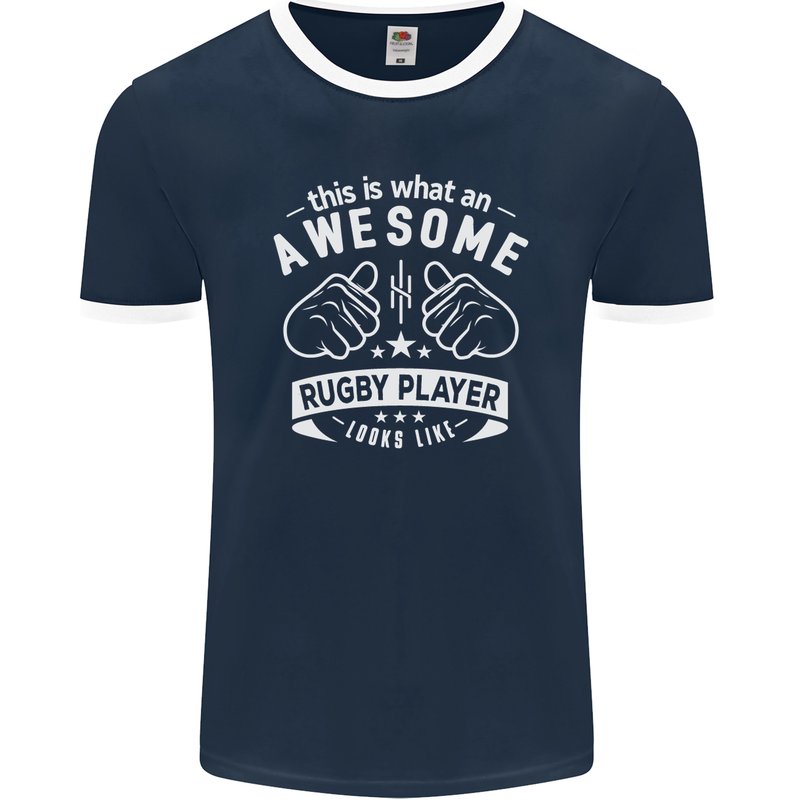 An Awesome Rugby Player Looks Like Union Mens Ringer T-Shirt FotL Navy Blue/White