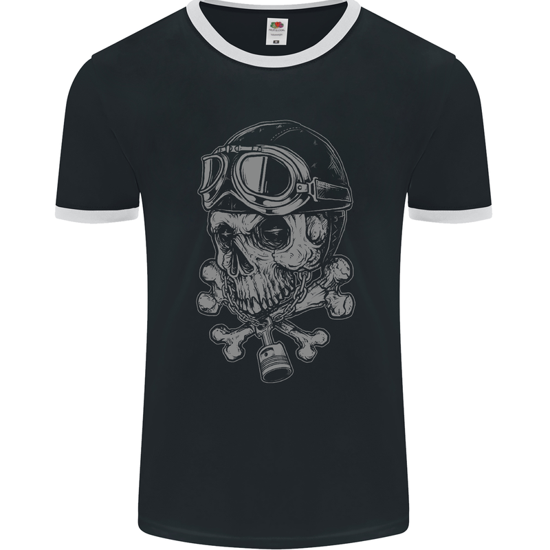 Biker Skull Rider Motorbike Motorcycle Mens Ringer T-Shirt FotL Black/White