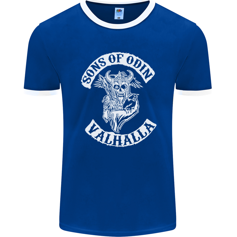 Son of Odin Valhalla Viking Norse Mythology Mens Ringer T-Shirt FotL Royal Blue/White