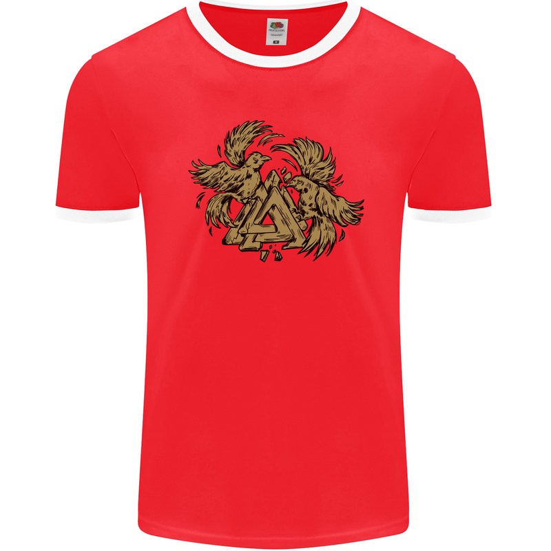 Valknut Symbol With Ravens Vikings Mens Ringer T-Shirt FotL Red/White