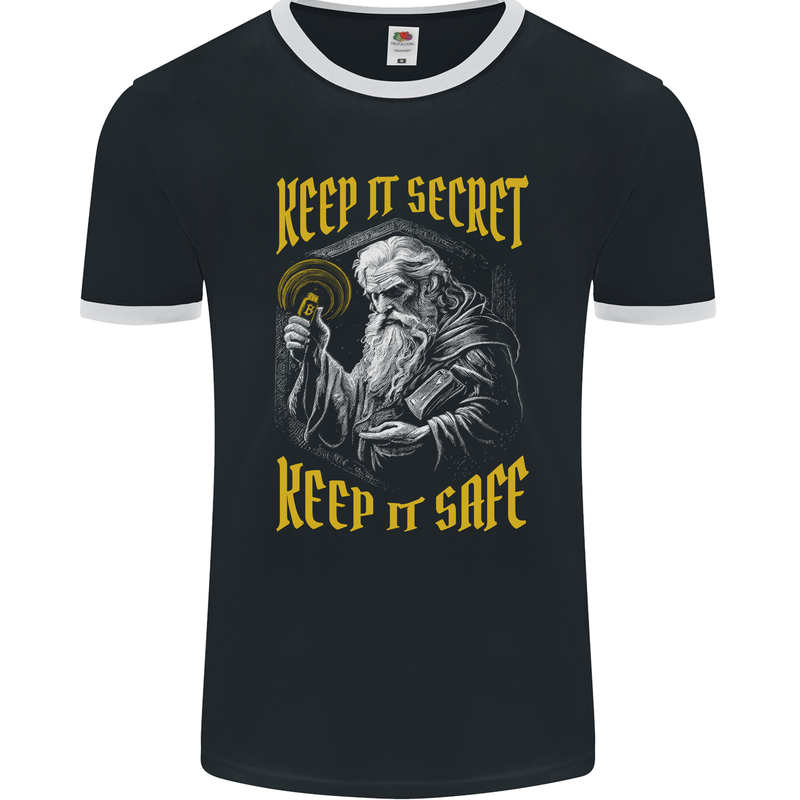 Crypto Keep it Secret Wizard Bitcoin Mens Ringer T-Shirt FotL Black/White