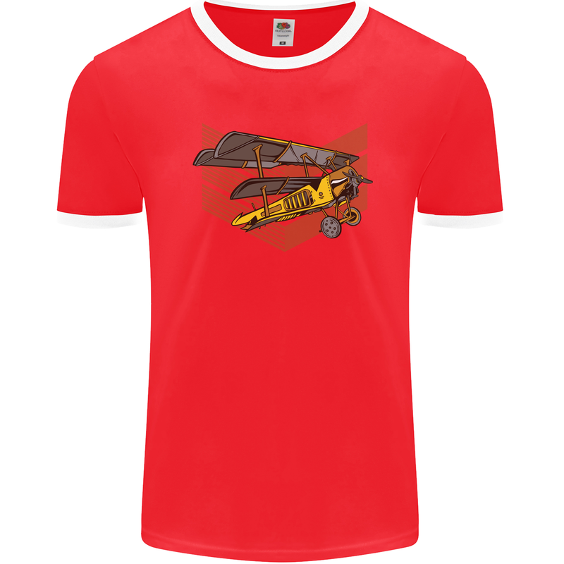Steampunk Plane Aircraft Biplane Mens Ringer T-Shirt FotL Red/White