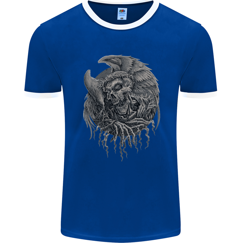 Angel Skull of Death Biker Motorbike Gothic Mens Ringer T-Shirt FotL Royal Blue/White