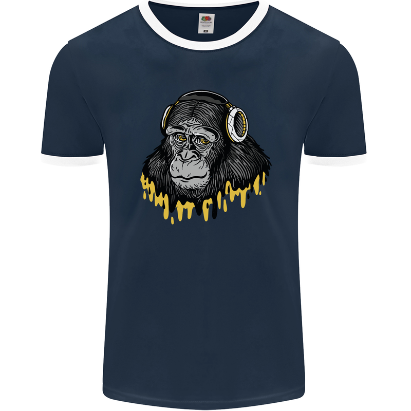 Monkey DJ Headphones Music Mens Ringer T-Shirt FotL Navy Blue/White