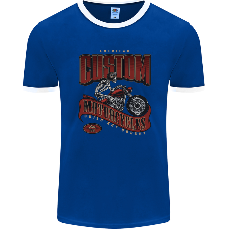 American Custom Motorcycles Biker Motorbike Mens Ringer T-Shirt FotL Royal Blue/White