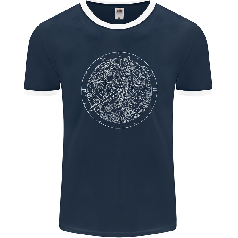 Mechanical Watch Line Drawing Timepiece Mens Ringer T-Shirt FotL Navy Blue/White