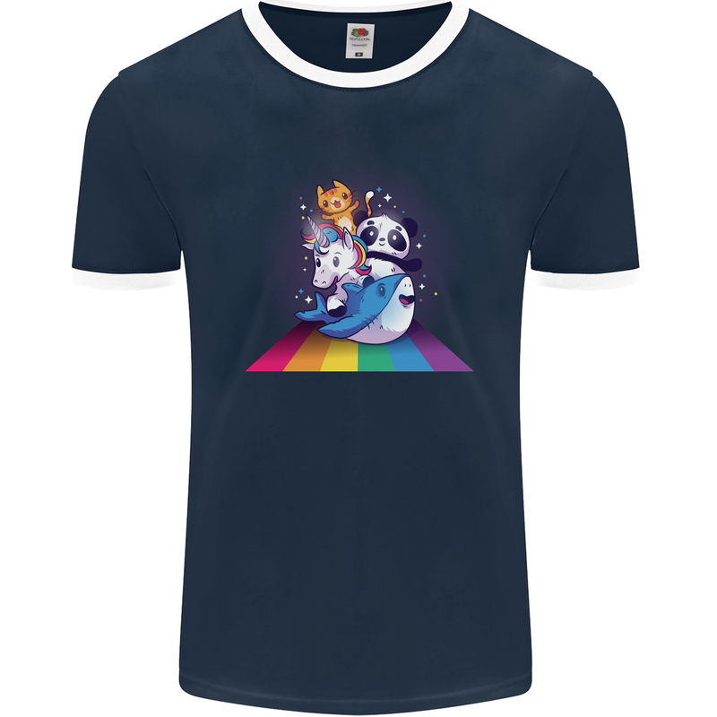 Mystical Panda Bear Unicorn Cat and Shark Mens Ringer T-Shirt FotL Navy Blue/White