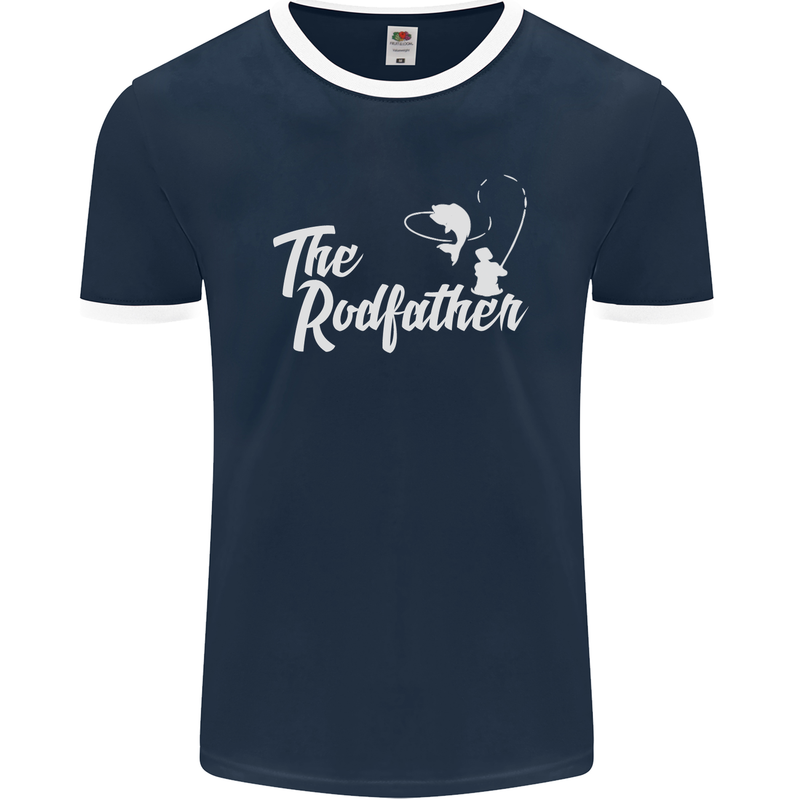 The Rodfather Funny Fishing Rod Father Mens Ringer T-Shirt FotL Navy Blue/White