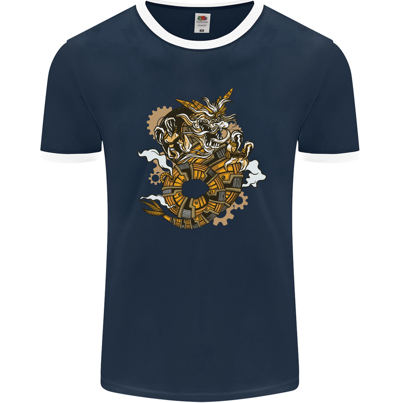 Steampunk Dragon Mens Ringer T-Shirt FotL Navy Blue/White