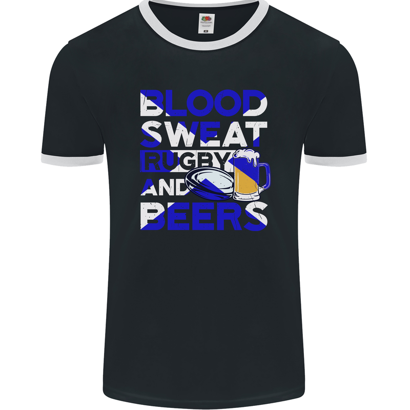 Blood Sweat Rugby and Beers Scotland Funny Mens Ringer T-Shirt FotL Black/White