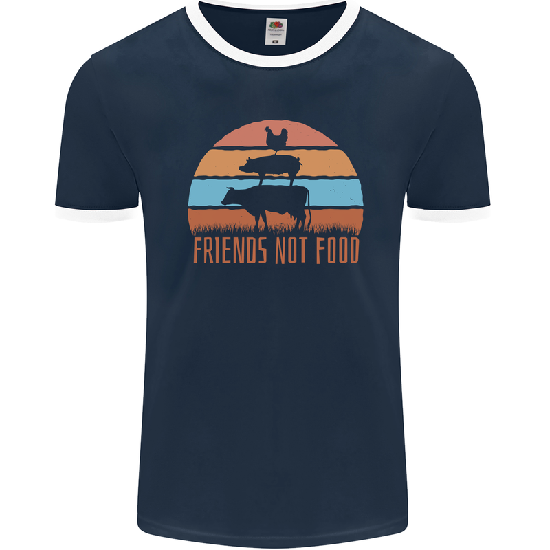 Vegetarian Animals Friends Not Food Vegan 2 Mens Ringer T-Shirt FotL Navy Blue/White