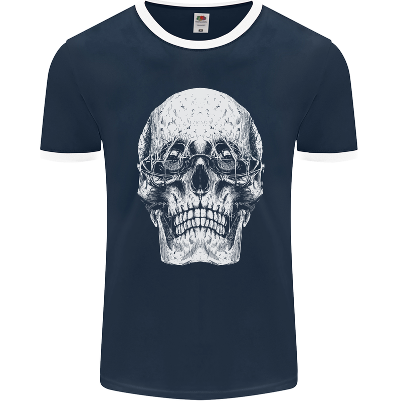 Old Man Skull With Glasses Gothic Biker Mens Ringer T-Shirt FotL Navy Blue/White