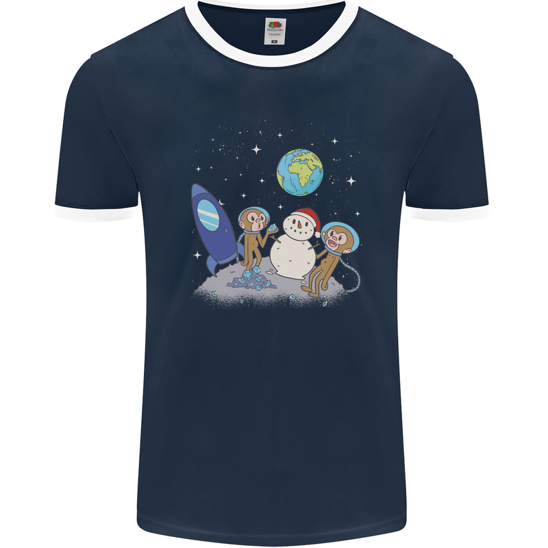 Space Monkeys Aliens UFO Christmas Snowman Mens Ringer T-Shirt FotL Navy Blue/White