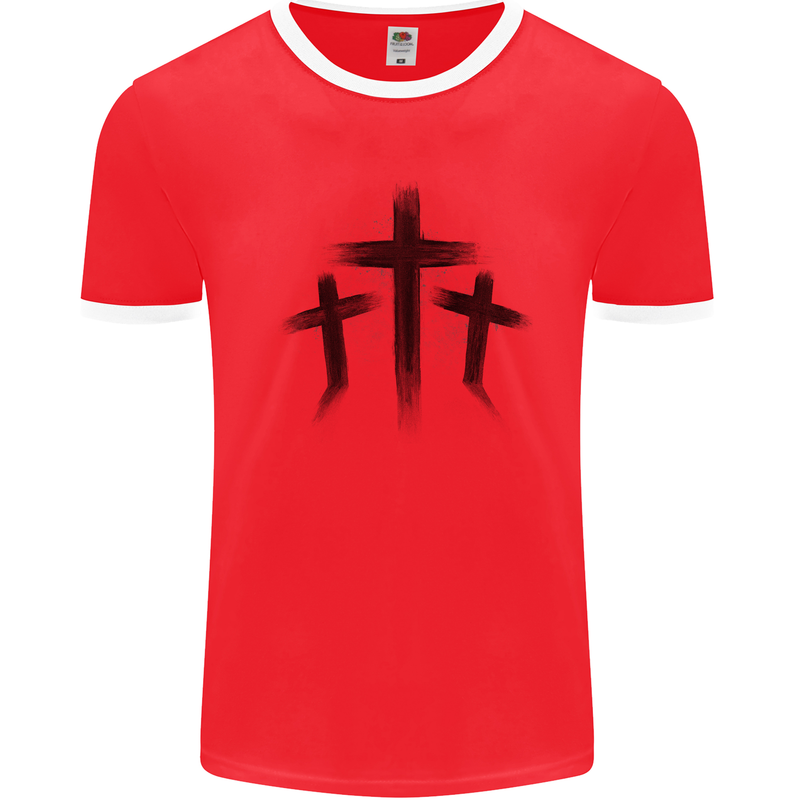 Three Grunge Crosses Gothic Mens Ringer T-Shirt Red/White