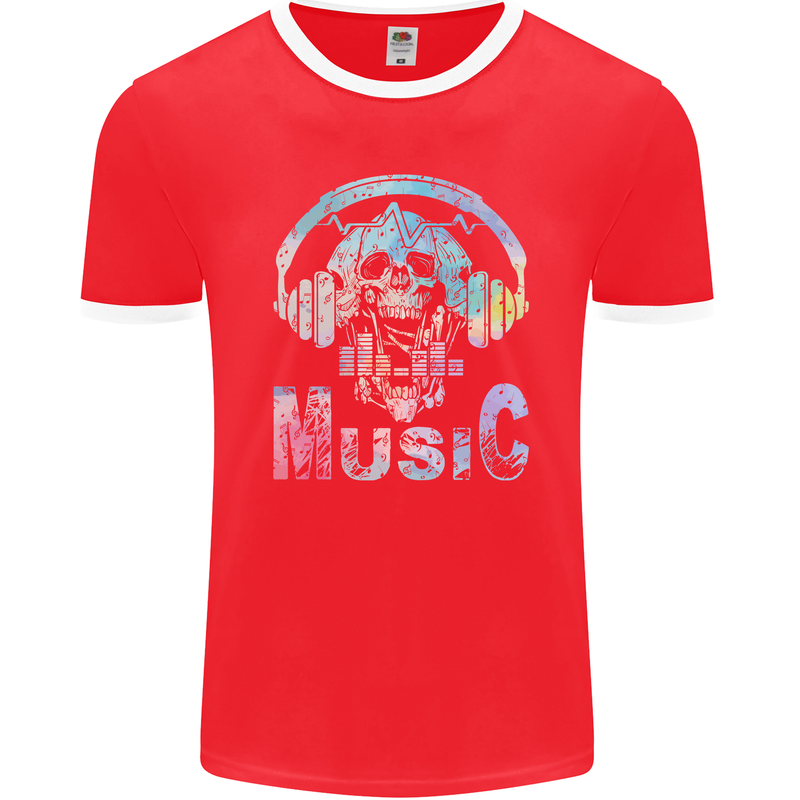 Music Skull With Headphones Dance Tekno Mens Ringer T-Shirt FotL Red/White