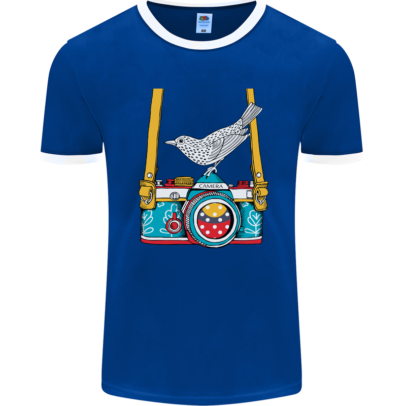 Camera With a Bird Photographer Photography Mens Ringer T-Shirt FotL Royal Blue/White