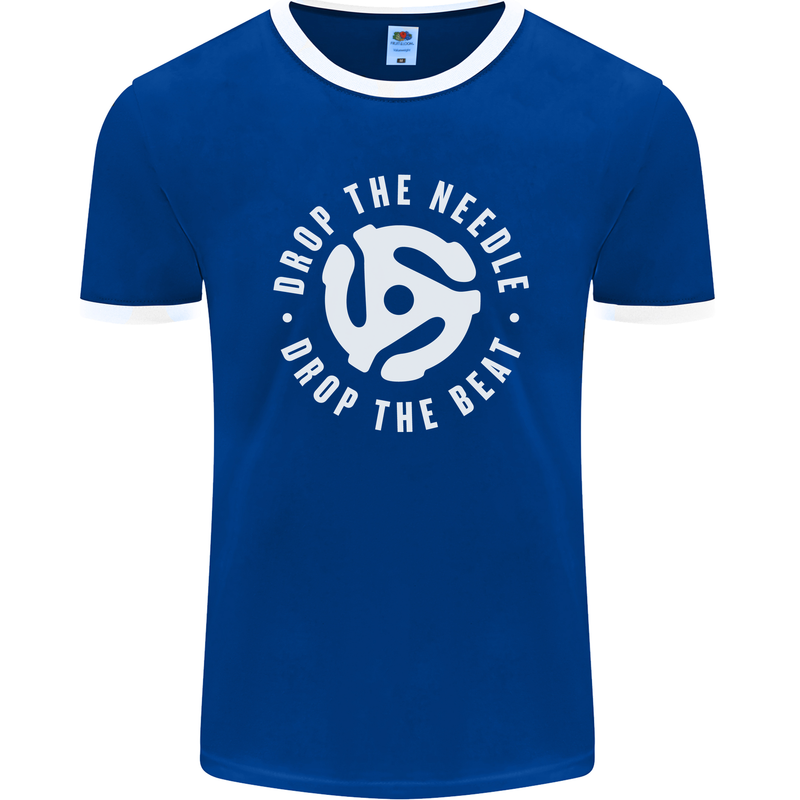 Drop the Needle DJ Turntable Decks Vinyl Mens Ringer T-Shirt FotL Royal Blue/White