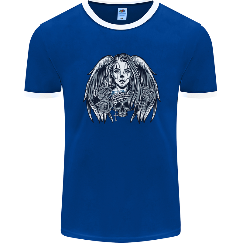 Heaven & Hell Angel Skull Day of the Dead Mens Ringer T-Shirt FotL Royal Blue/White