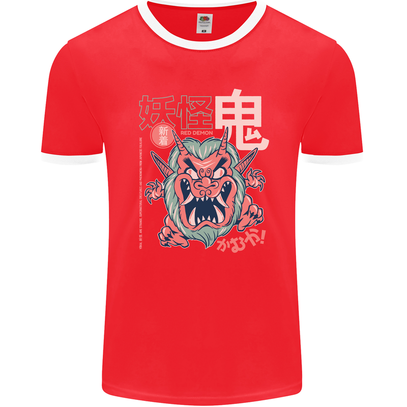 Oni Yokai Japanese Red Demon Mens Ringer T-Shirt FotL Red/White