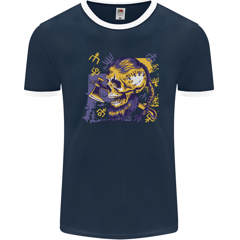 Viking Symbols Skull Mens Ringer T-Shirt FotL Navy Blue/White