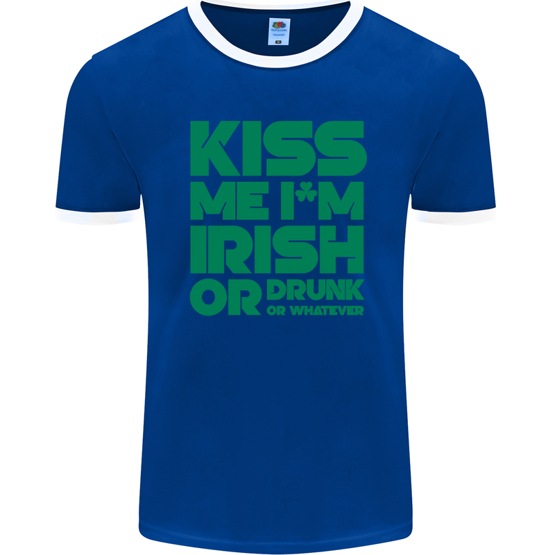 Kiss Me I'm Irish or Drunk St Patricks Day Mens Ringer T-Shirt FotL Royal Blue/White