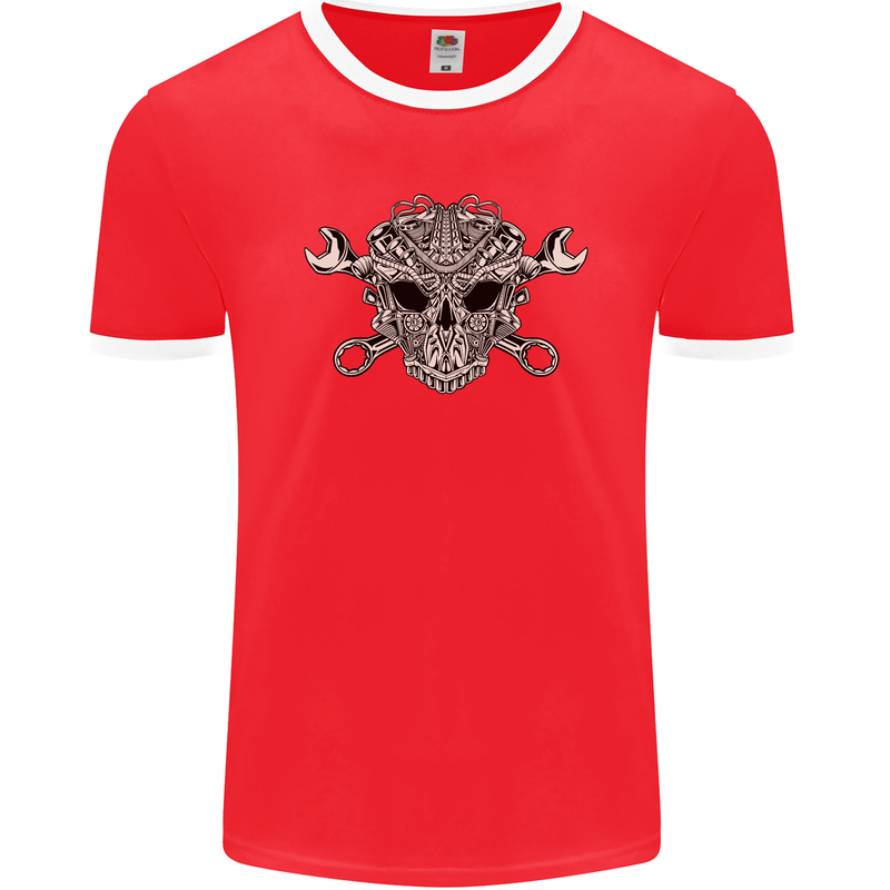 Engine Skull Mechanic Car Biker Motorbike Mens Ringer T-Shirt FotL Red/White