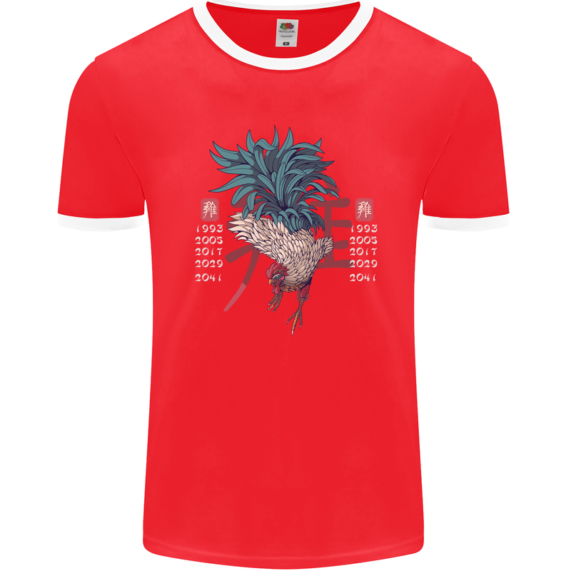 Chinese Zodiac Year of the Rooster Mens Ringer T-Shirt FotL Red/White