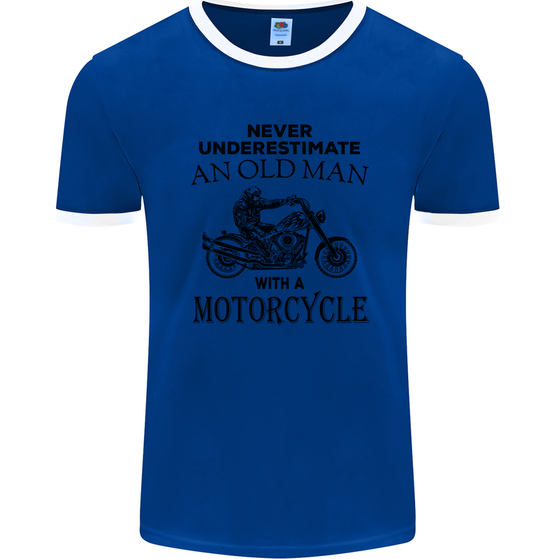 Old Man With a Motorcyle Biker Motorcycle Mens Ringer T-Shirt FotL Royal Blue/White