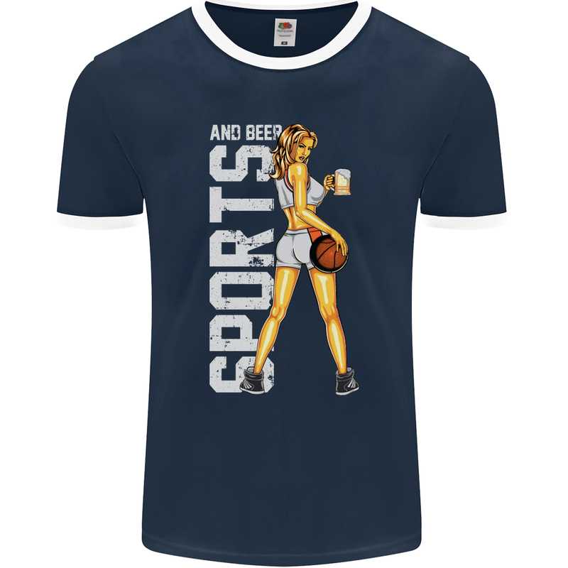 Basketball Sports & Beer Funny Mens Ringer T-Shirt FotL Navy Blue/White