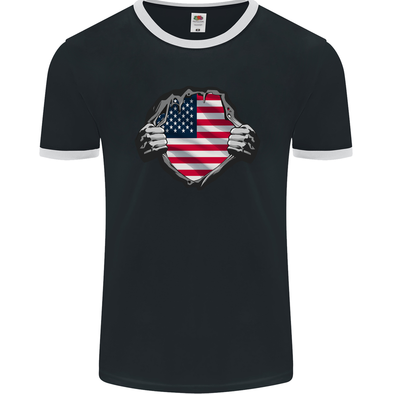 USA Flag Ripped Torn Gym America July 4th Mens Ringer T-Shirt FotL Black/White