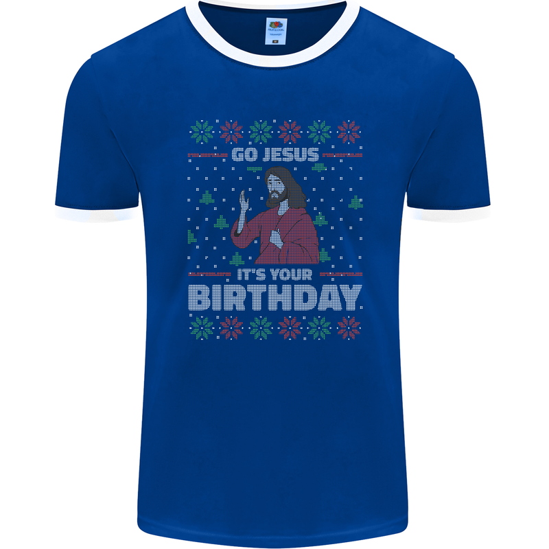 Go Jesus It's Your Birthday Funny Christmas Mens Ringer T-Shirt FotL Royal Blue/White